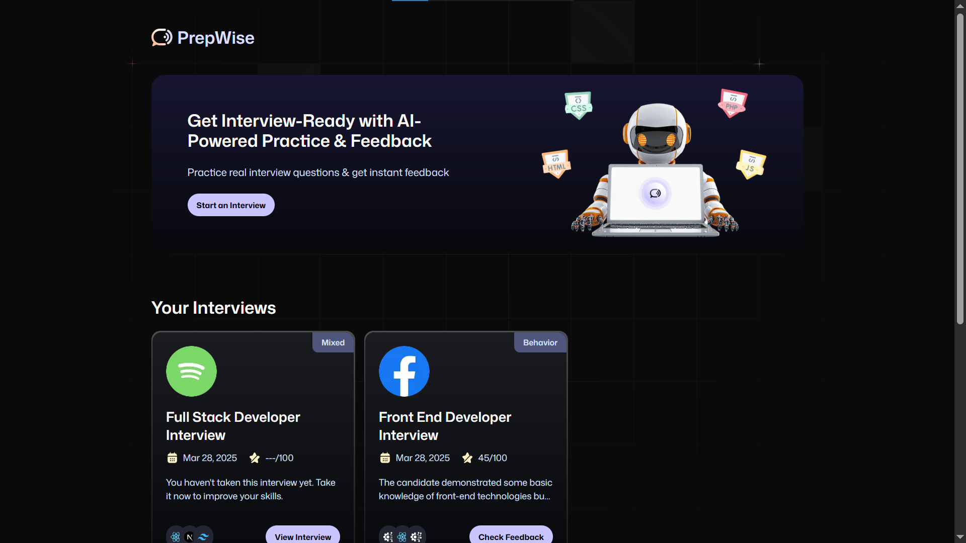 Screenshot of PrepWise - AI-Powered Interview Practice Platform project